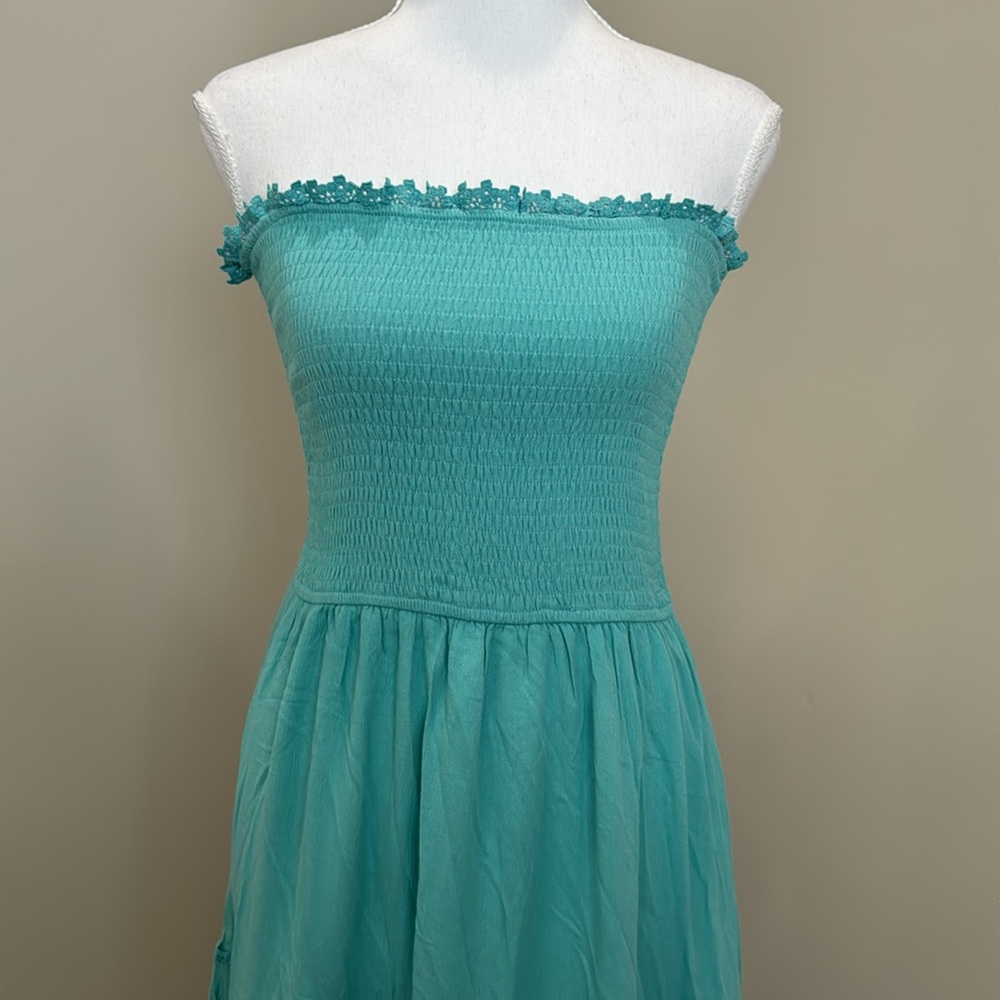 Light Turqouise Blue Strapless Maxi Dress with Smocked Bodice and Full Skirt - Picture 2 of 10
